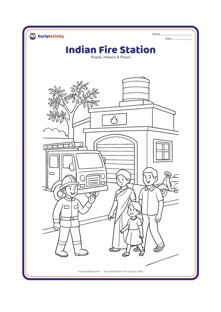Colouring page: Draw firefighters outside a modest Indian fire station, with a fire engine, a parked scooter, a neem tree and a water tank on the roof. Show one firefighter greeting a family walking…