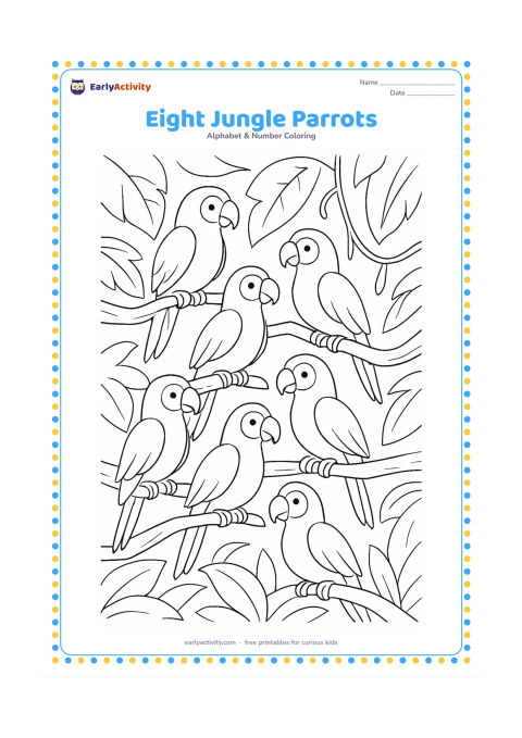 Colouring page: Draw exactly eight friendly parrots perched on broad branches in a leafy jungle scene, with some parrots facing left and some right. Add large leaves and a hanging vine, but no extra birds.