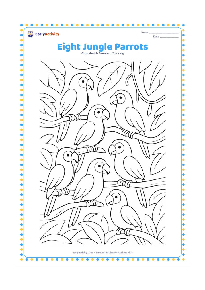 Colouring page: Draw exactly eight friendly parrots perched on broad branches in a leafy jungle scene, with some parrots facing left and some right. Add large leaves and a hanging vine, but no extra birds.