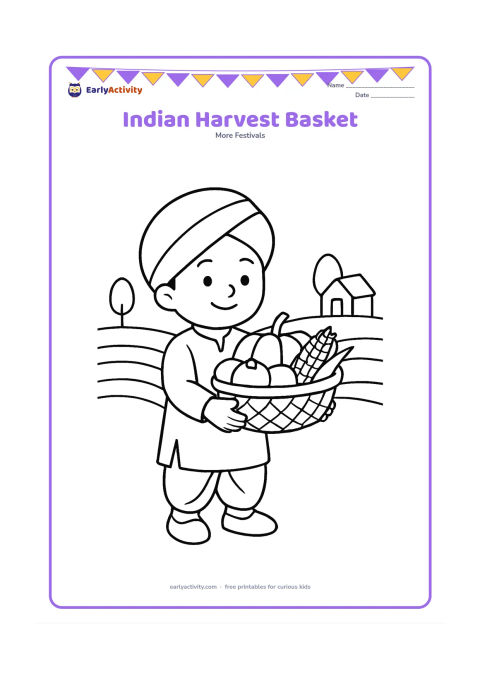 Colouring page: A child in everyday Indian clothing carries a basket of pumpkins, corn and round vegetables beside a small farm field. Add a simple farmhouse and two distant trees.