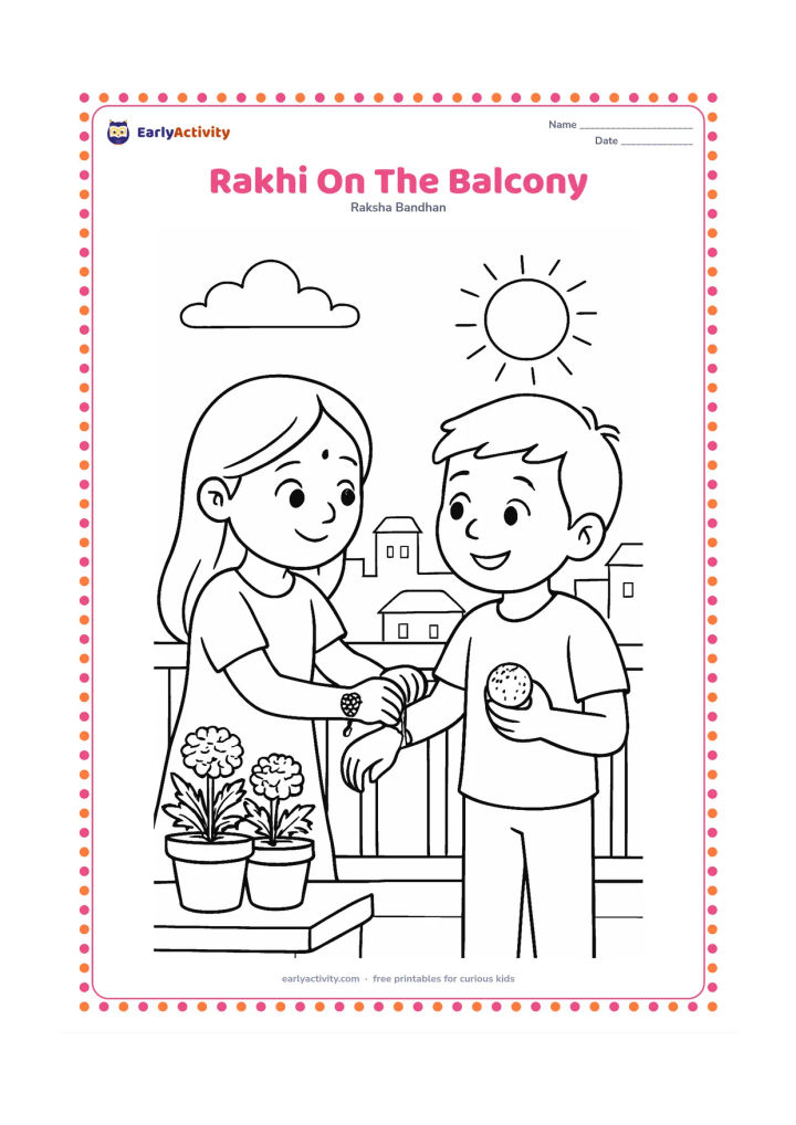 Colouring page: Two siblings celebrate on an apartment balcony, with one tying a rakhi and the other holding a sweet. Include a railing, potted marigolds, distant rooftops and a bright daytime sky.