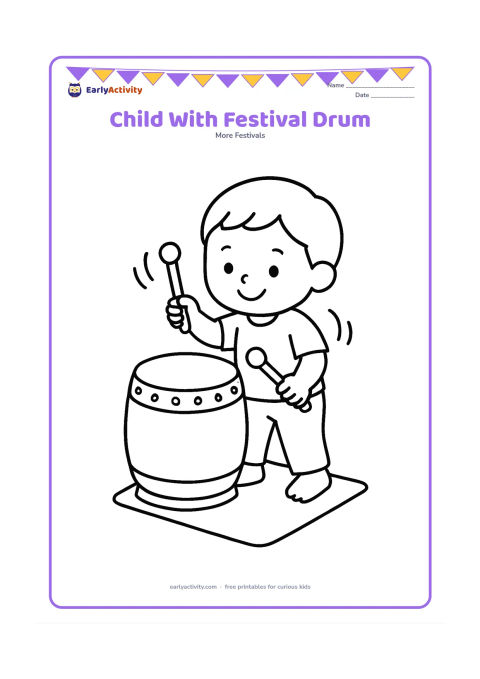 Colouring page: Draw a smiling child standing and tapping one large Chinese festival drum with two drumsticks. Add a few simple curved motion lines and a small floor mat.
