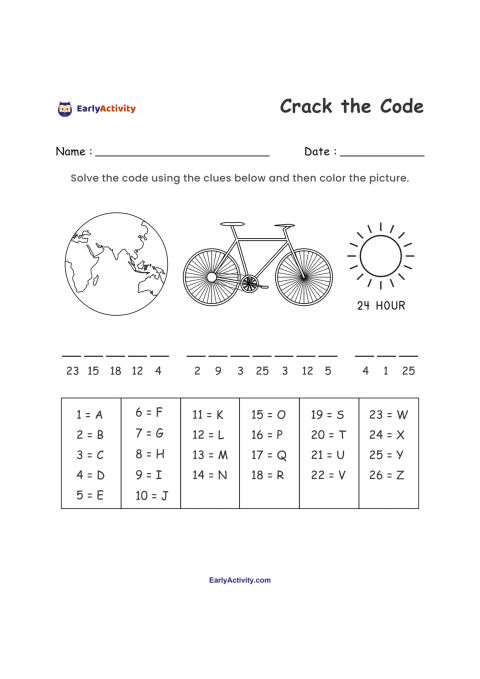 Worksheet with picture clues of a globe, bicycle and sun marked 24 hour, number-code blanks, and an alphabet key.