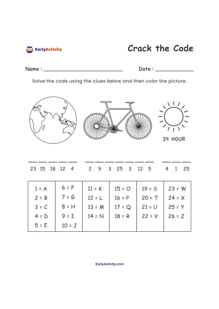 Worksheet with picture clues of a globe, bicycle and sun marked 24 hour, number-code blanks, and an alphabet key.