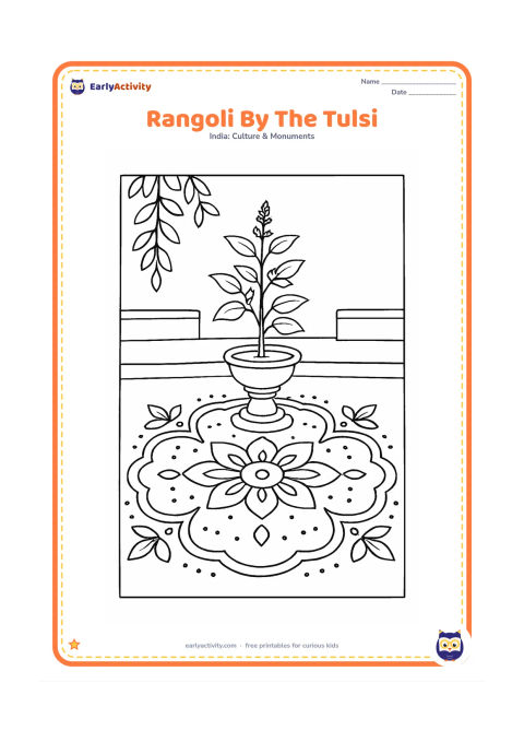 Colouring page: Draw a symmetrical rangoli around a raised tulsi plant pedestal, with four leaf clusters, curved borders and dot groups. Set it in a home courtyard with a low step and hanging plant leaves.