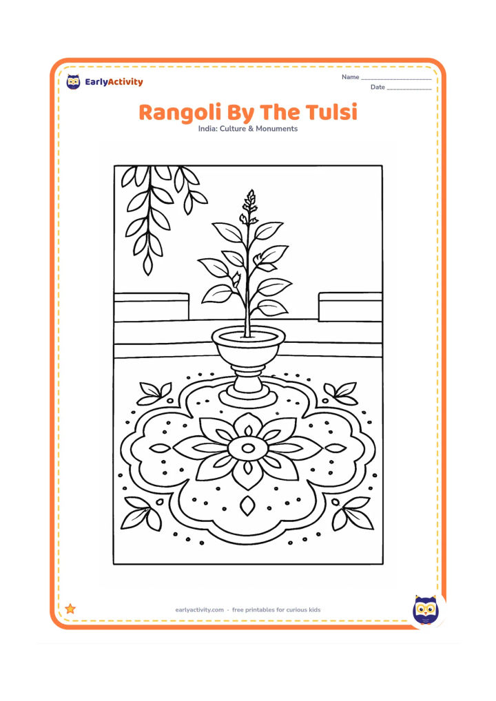 Colouring page: Draw a symmetrical rangoli around a raised tulsi plant pedestal, with four leaf clusters, curved borders and dot groups. Set it in a home courtyard with a low step and hanging plant leaves.