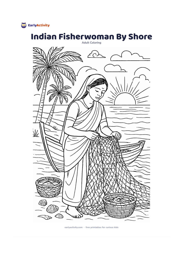 Colouring page: An adult Indian fisherwoman stands beside a calm coastal boat, sorting a fishing net near baskets and shells, with palm trees, gentle waves and a sunrise shoreline behind her. Give her…