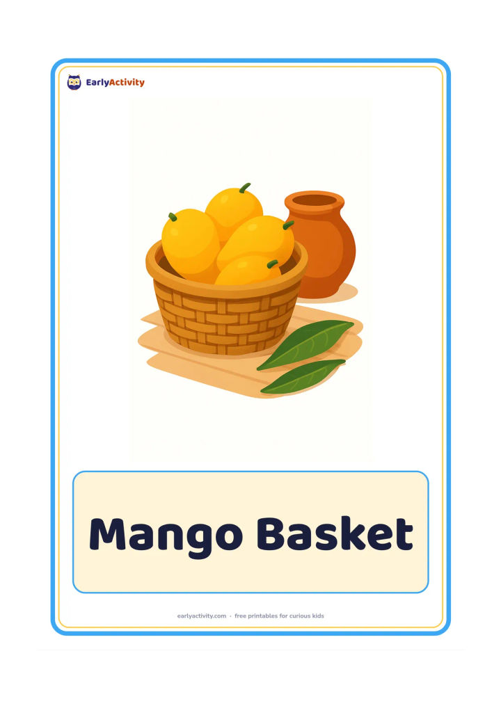 Flashcard: Draw a woven basket filled with ripe mangoes on a veranda, with two mango leaves and a clay pot nearby. Use a three-quarter view so the fruit is easy to see.