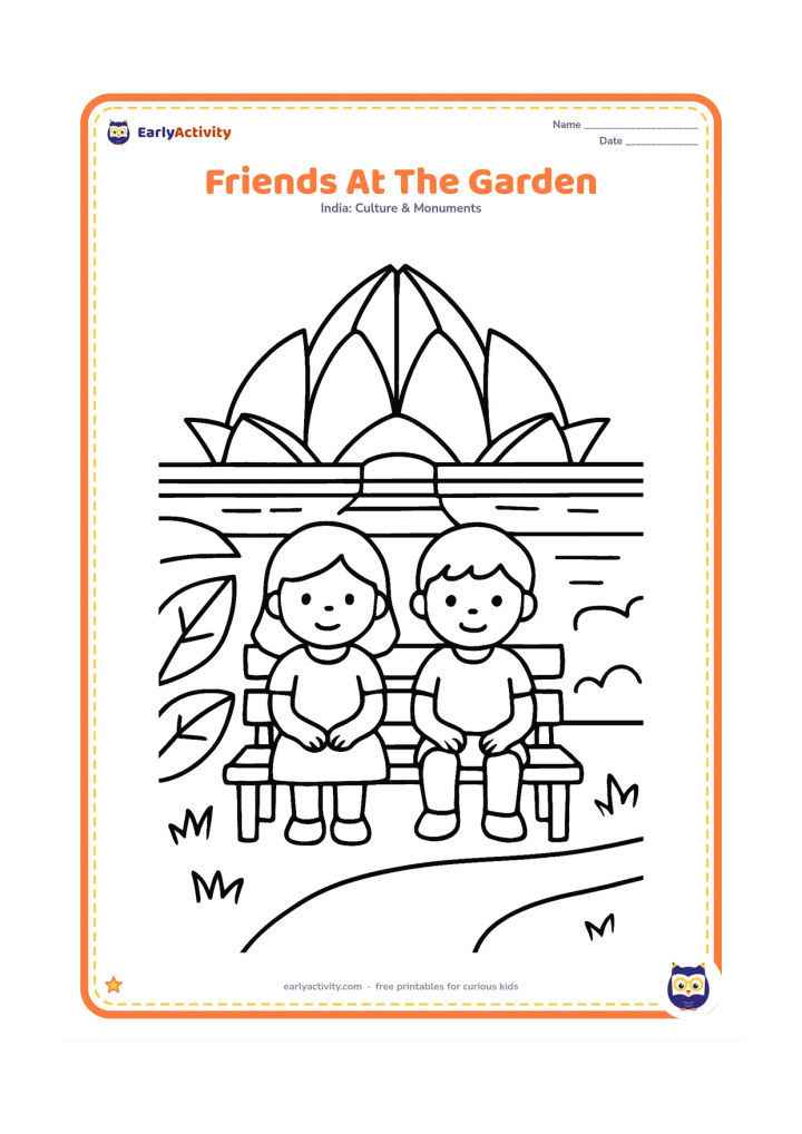 Colouring page: Draw two children sitting quietly on a garden bench while the Lotus Temple and its pools appear behind them. Include a few large leaves and a simple pathway.
