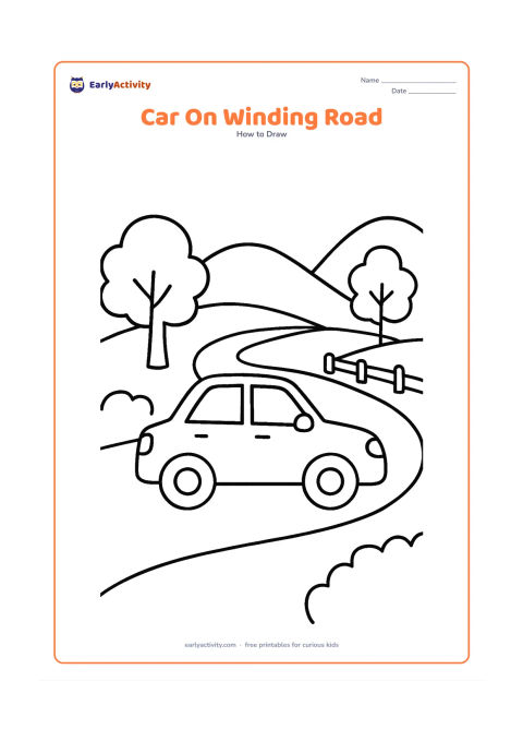 Worksheet: Show a side-view car following a broad winding road through rounded hills, with roadside trees and a simple guardrail. Include windows, mirrors, headlights and two equal wheels.