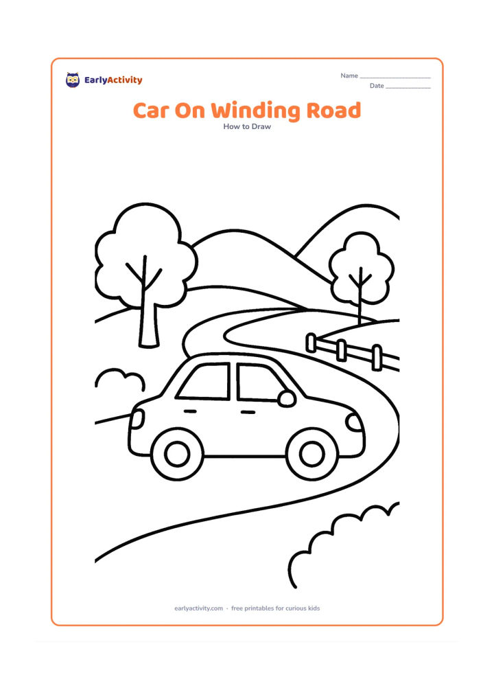 Worksheet: Show a side-view car following a broad winding road through rounded hills, with roadside trees and a simple guardrail. Include windows, mirrors, headlights and two equal wheels.