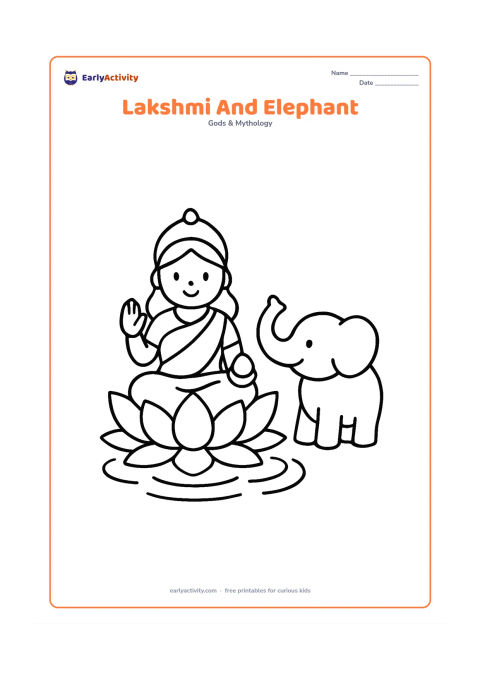 Colouring page: Draw Goddess Lakshmi seated on a large lotus beside one friendly elephant with its trunk raised. Add a few oversized water ripples beneath the lotus.