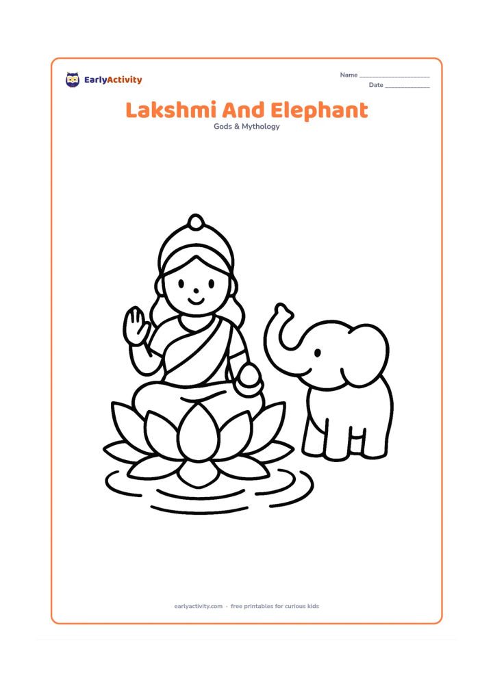 Colouring page: Draw Goddess Lakshmi seated on a large lotus beside one friendly elephant with its trunk raised. Add a few oversized water ripples beneath the lotus.