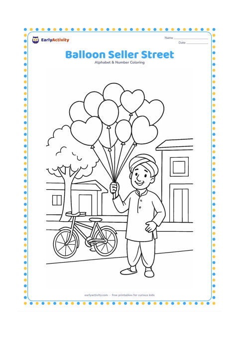 Colouring page: Draw a friendly balloon seller holding a bunch of varied balloons on a quiet Indian street, with a bicycle, a tree and simple house fronts behind. Keep the balloons high and the seller…