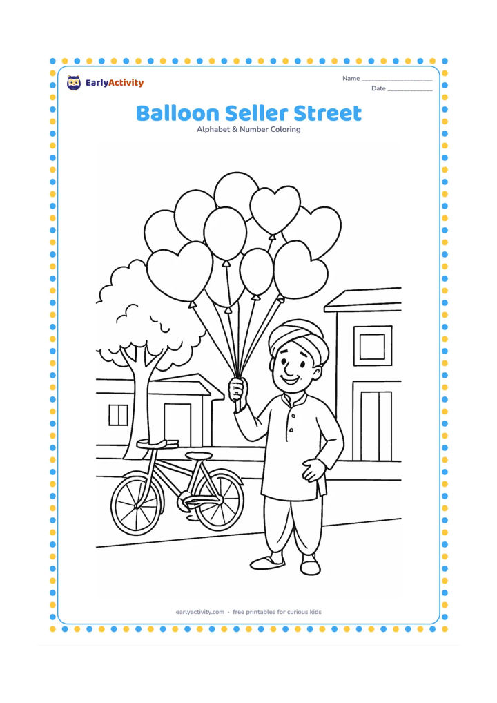 Colouring page: Draw a friendly balloon seller holding a bunch of varied balloons on a quiet Indian street, with a bicycle, a tree and simple house fronts behind. Keep the balloons high and the seller…