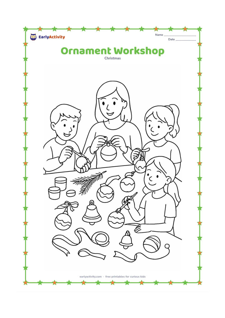 Colouring page: Draw children and an adult making Christmas ornaments at a craft table, surrounded by ribbons, bells, pine branches, baubles, paint pots and drying decorations.
