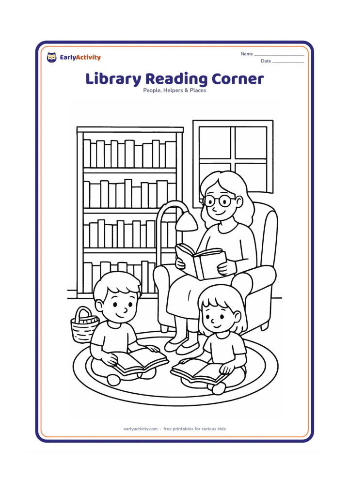 Colouring page: A librarian sits in a comfortable chair while two children read separate open books on a rug. Show low bookshelves filled with blank book spines, a borrowing basket, a reading lamp and a…