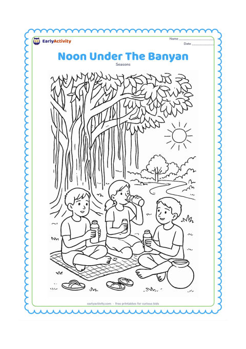 Colouring page: At the hottest part of the day, three children rest and drink water beneath a large banyan tree, with hanging roots, a woven mat, sandals, a clay pot and a quiet sunlit lane behind.