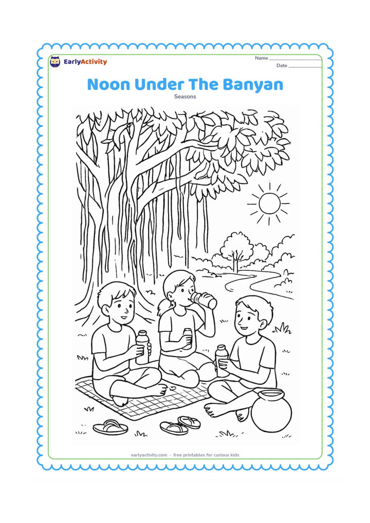 Colouring page: At the hottest part of the day, three children rest and drink water beneath a large banyan tree, with hanging roots, a woven mat, sandals, a clay pot and a quiet sunlit lane behind.