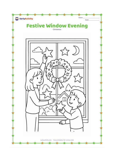 Colouring page: Two siblings decorate a large home window at dusk, placing paper stars and a wreath around the frame while warm light shines from inside. Show rooftops, a few distant trees and an…