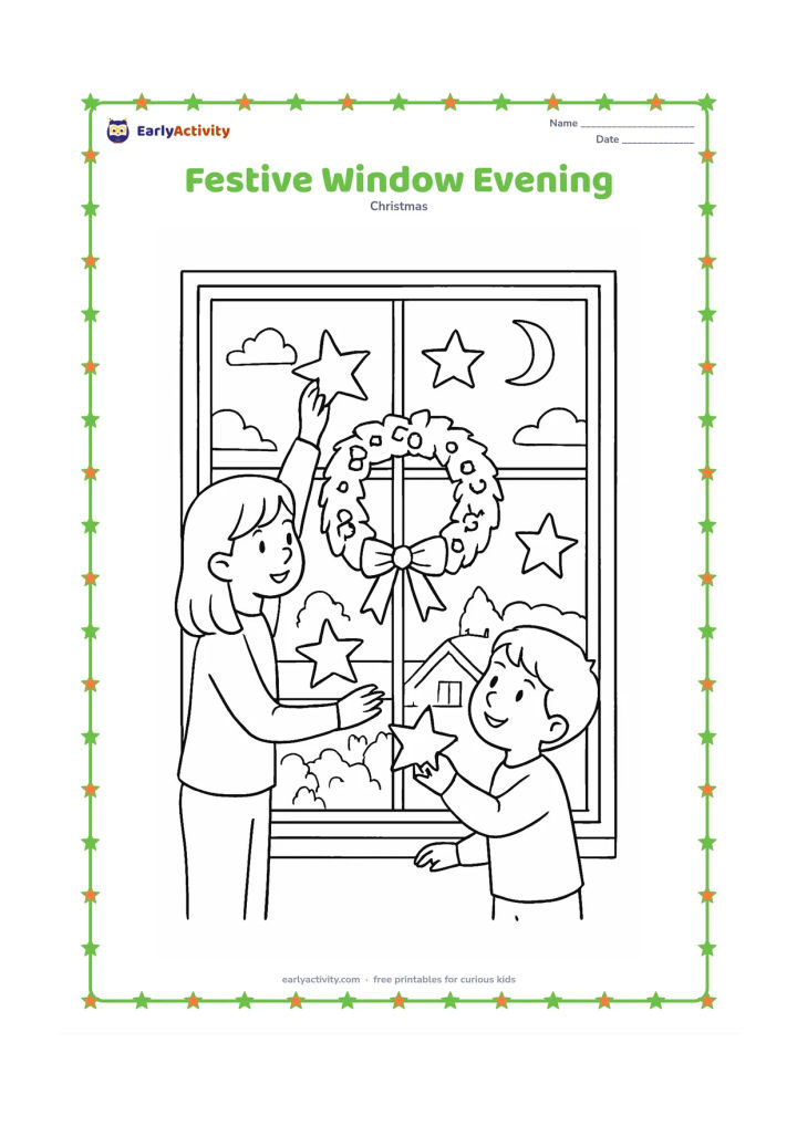 Colouring page: Two siblings decorate a large home window at dusk, placing paper stars and a wreath around the frame while warm light shines from inside. Show rooftops, a few distant trees and an…