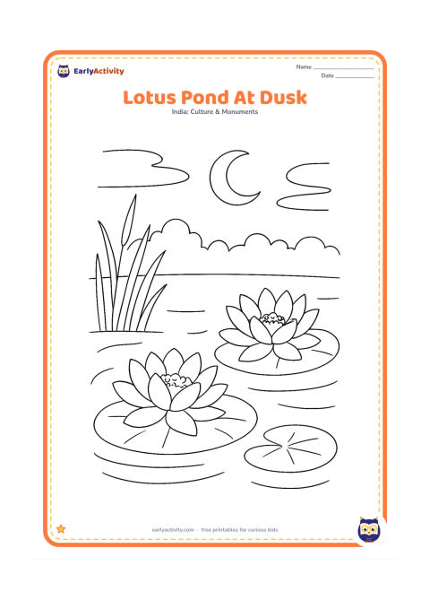 Colouring page: Draw a lotus pond at dusk with two open lotus flowers, floating leaves, reeds and a crescent moon above distant trees. The water should have gentle curved ripples.