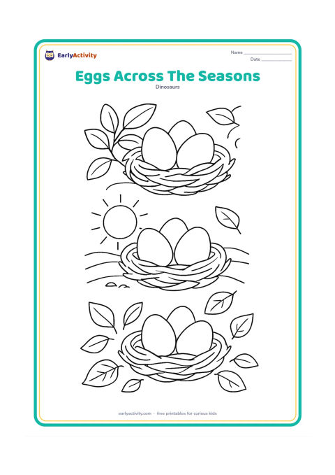 Colouring page: Arrange three small nest scenes in one picture: eggs beneath fresh spring-like leaves, eggs in a sunny dry landscape, and eggs sheltered during falling autumn-like leaves. Keep each nest…