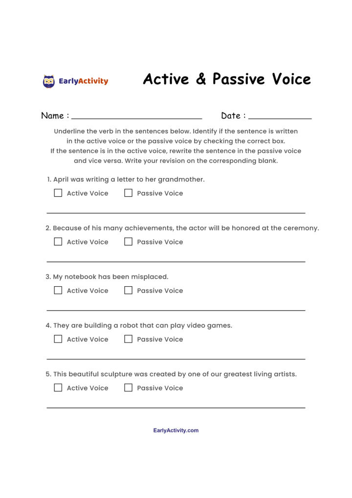 Worksheet with five sentences for identifying active or passive voice and rewriting each sentence in the other voice.