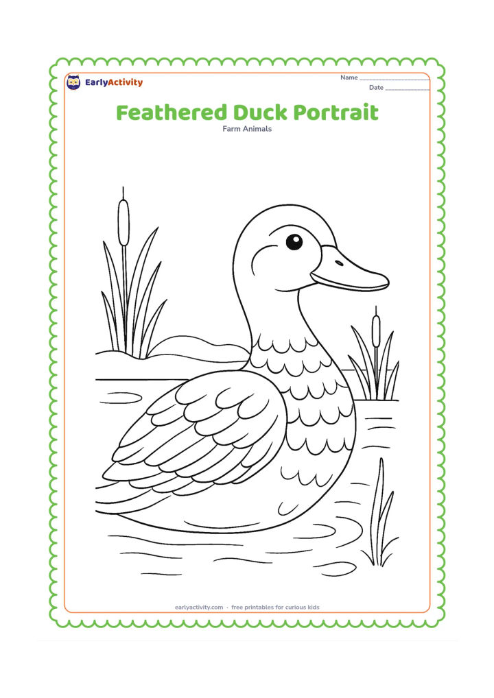 Colouring page: Draw a large side-view duck from the chest up, with layered feather groups on the wing and neck, a broad bill and a calm pond background. Add reeds, water lines and small ripples.