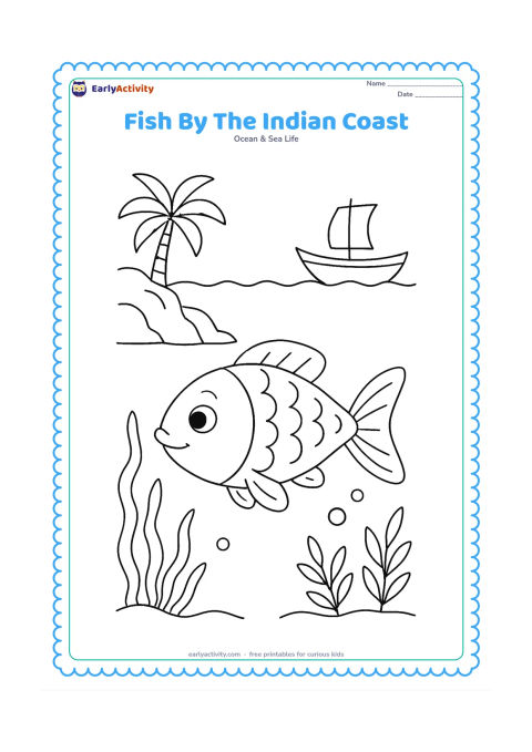 Colouring page: Draw a fish swimming near a rocky Indian coastline, with a small traditional wooden boat far above the waterline, a palm silhouette, sea plants and a few bubbles below. Keep the fish and…