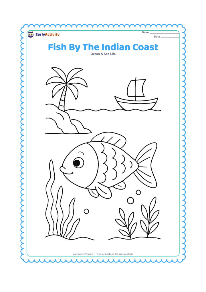 Colouring page: Draw a fish swimming near a rocky Indian coastline, with a small traditional wooden boat far above the waterline, a palm silhouette, sea plants and a few bubbles below. Keep the fish and…