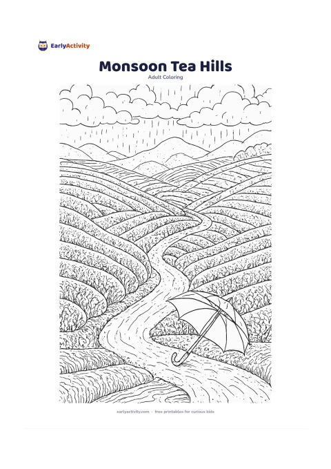 Colouring page: Rolling tea-covered hills after monsoon rain, with neat rows of tea bushes curving into the distance, a narrow footpath and a simple umbrella resting beside a small stream. Add misty…