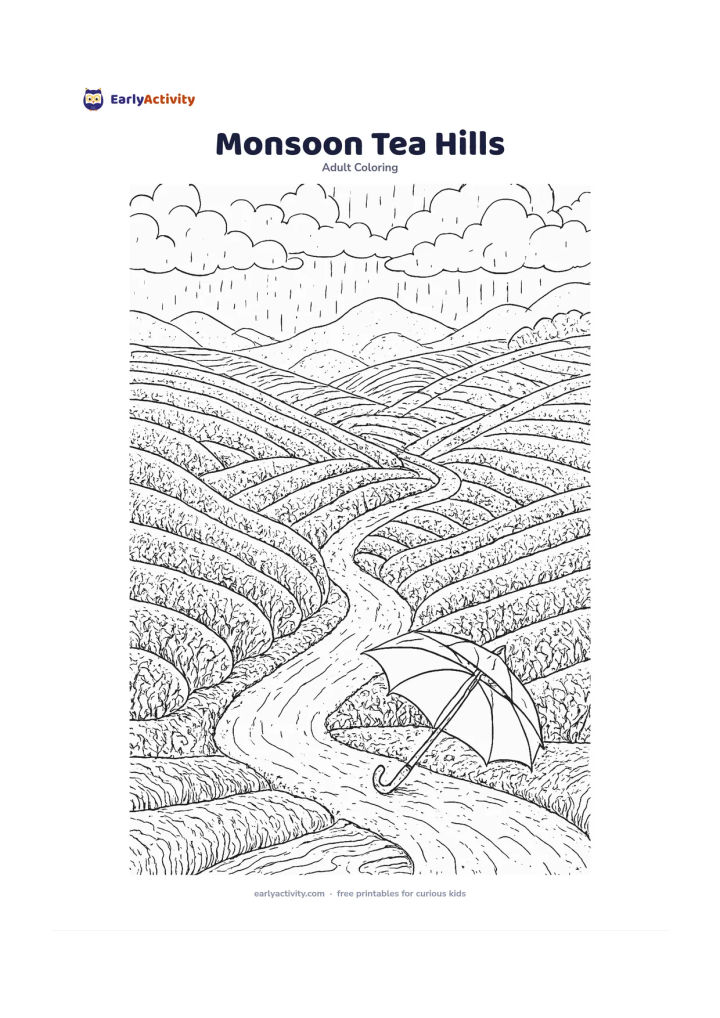 Colouring page: Rolling tea-covered hills after monsoon rain, with neat rows of tea bushes curving into the distance, a narrow footpath and a simple umbrella resting beside a small stream. Add misty…