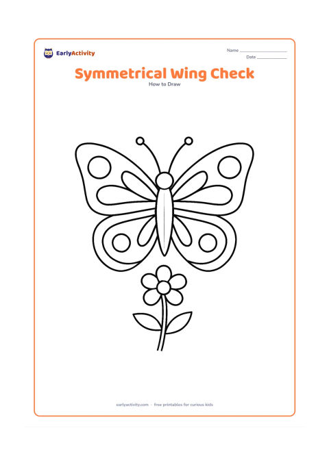 Worksheet: Show a front-facing butterfly with a light vertical centre guide and matching left and right wing sections containing simple circles, bands and curved shapes. Add a short stem and flower…