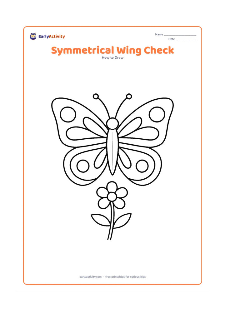 Worksheet: Show a front-facing butterfly with a light vertical centre guide and matching left and right wing sections containing simple circles, bands and curved shapes. Add a short stem and flower…