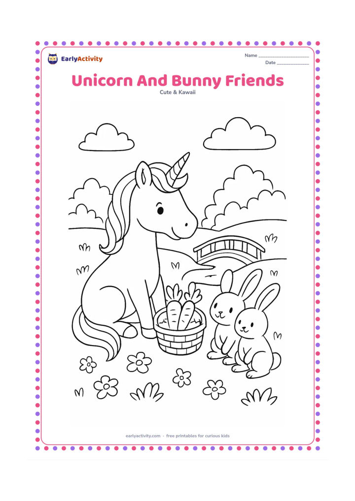 Colouring page: Draw a seated unicorn sharing a basket of carrots with two smiling rabbits in a spring meadow. Include a small wooden footbridge, scattered flowers, leafy bushes and a few clouds, with…