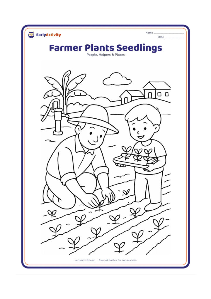 Colouring page: An Indian farmer kneels in neat rows of a vegetable field and plants seedlings while a child helps hold a tray. Add a water pump, a broad-brimmed hat, banana plants and distant village…