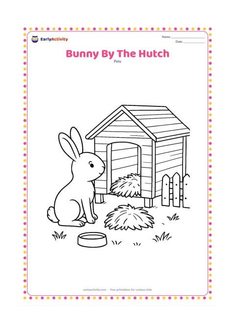 Colouring page: Draw a bunny standing outside a wooden hutch with its nose near the open doorway. Show a hay pile, a water bowl, a small fence, and a few grass tufts around the hutch.