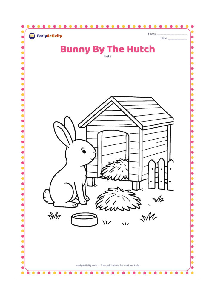 Colouring page: Draw a bunny standing outside a wooden hutch with its nose near the open doorway. Show a hay pile, a water bowl, a small fence, and a few grass tufts around the hutch.