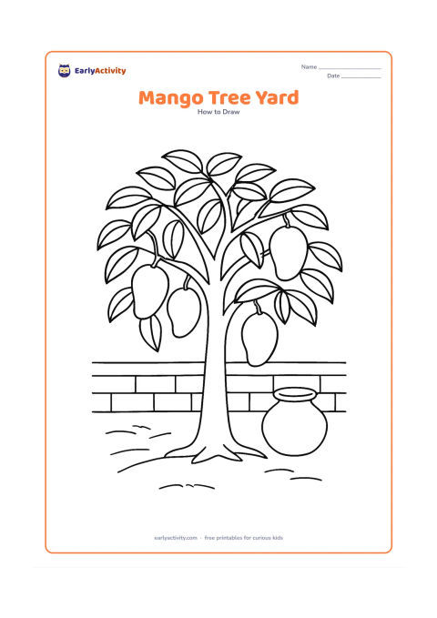 Worksheet: Show a leafy mango tree in an Indian home courtyard, with several mangoes hanging from curved branches, a low wall, a clay pot and a swept ground area.