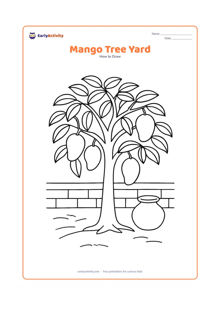 Worksheet: Show a leafy mango tree in an Indian home courtyard, with several mangoes hanging from curved branches, a low wall, a clay pot and a swept ground area.