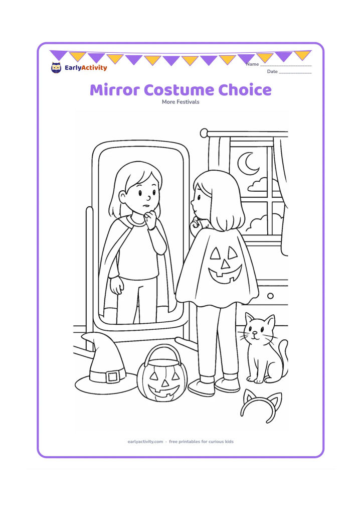 Colouring page: Draw a child choosing between a witch hat, cat ears, and a pumpkin cape in front of a large bedroom mirror. Surround the scene with costume pieces, a pumpkin basket, a window with moon…