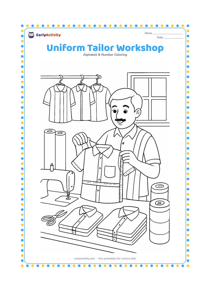 Colouring page: Draw an Indian tailor measuring and arranging several school uniforms in a busy but orderly workshop. Include a sewing machine, fabric rolls, scissors, thread spools, hanging garments…