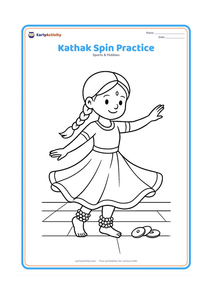 Colouring page: Draw a child practising a Kathak-inspired turning pose with one arm extended and a flowing skirt curving outward. Add ankle bells, a wooden practice floor and a small pair of hand…