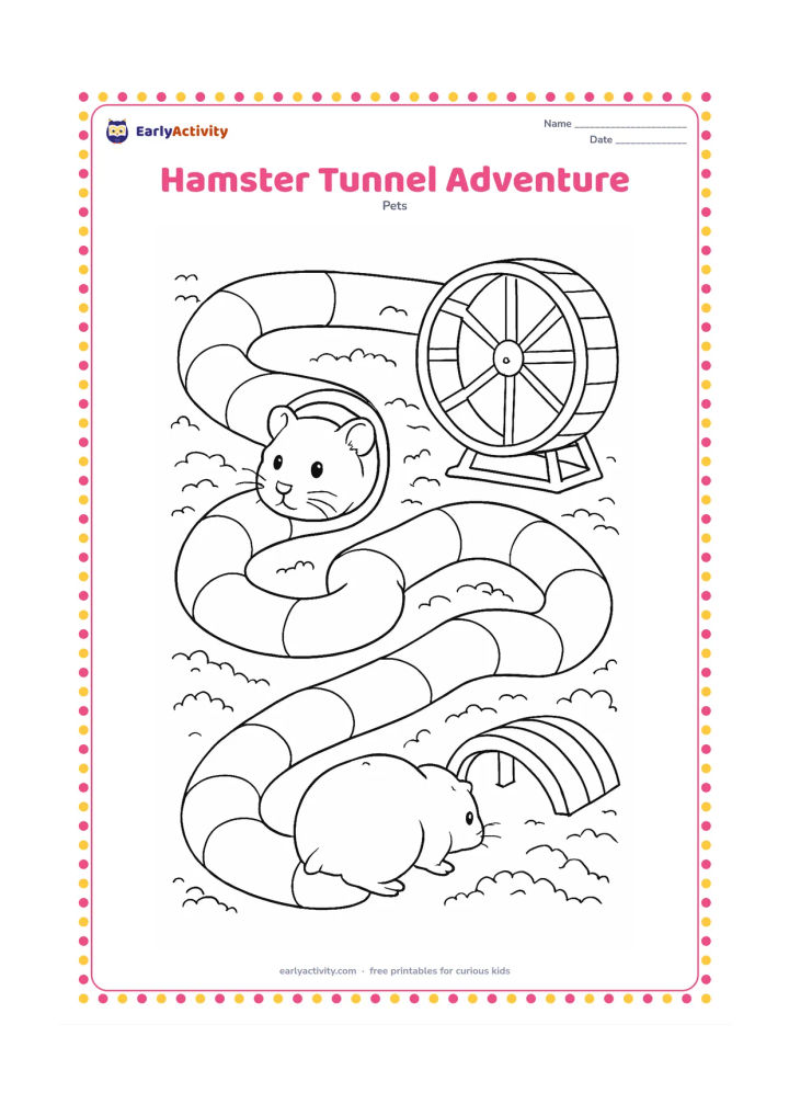 Colouring page: A hamster travels through a winding set of connected cardboard tunnels, with its nose appearing at one opening and its back visible at another. Surround the tunnels with bedding, a wheel…