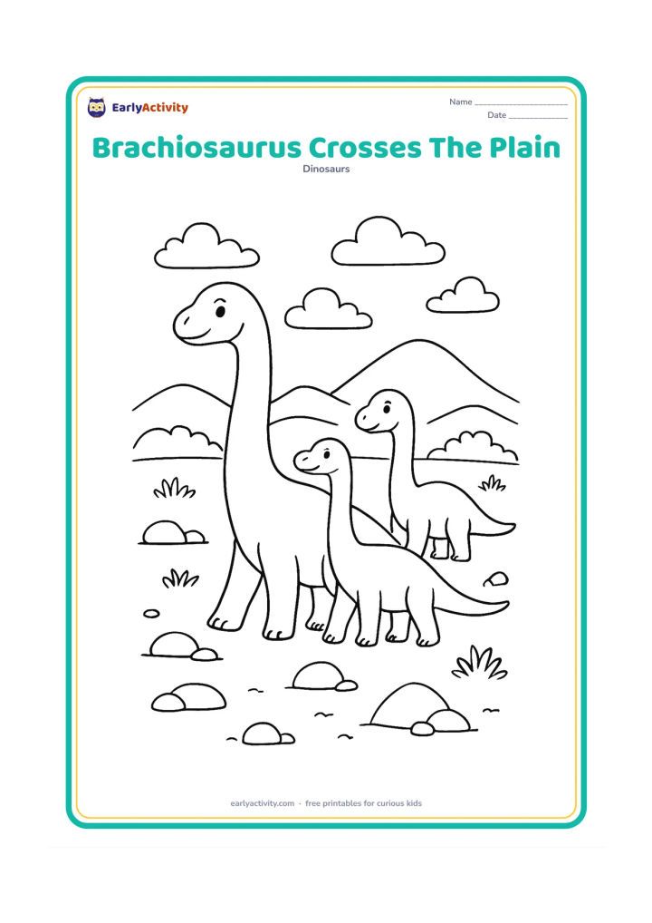 Colouring page: A small herd of three brachiosauruses crosses an open prehistoric plain, with the tallest adult in front and two smaller dinosaurs behind. Add distant hills, scattered rocks, low plants…