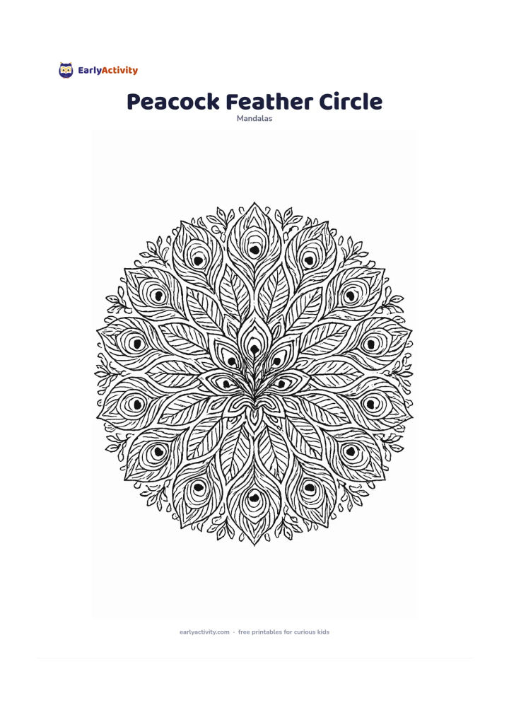 Colouring page: Create a radial mandala built from repeated peacock feathers, with a small central feather fan and layered feather eyes arranged evenly around it. Add leaf tips and tiny floral sections…