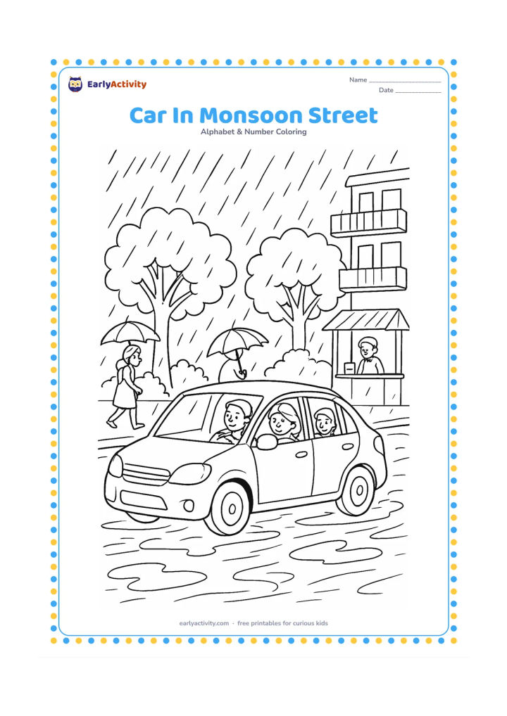 Colouring page: A family car moves slowly along a rainy Indian street with puddles, umbrellas, leafy trees, apartment balconies, and a small roadside tea stall. Show the scene without signs, shop names…