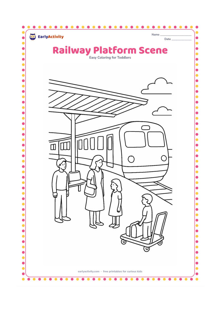 Colouring page: Draw a train waiting at an Indian railway platform with a roof, benches, a luggage trolley and a few adults and children. Leave all boards, coach panels and luggage tags blank with no…