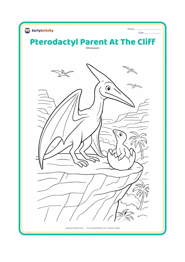 Colouring page: Draw an adult pterodactyl protecting a young hatchling on a broad cliff ledge, with both looking across a valley of layered rocks, palms and distant flying reptiles.